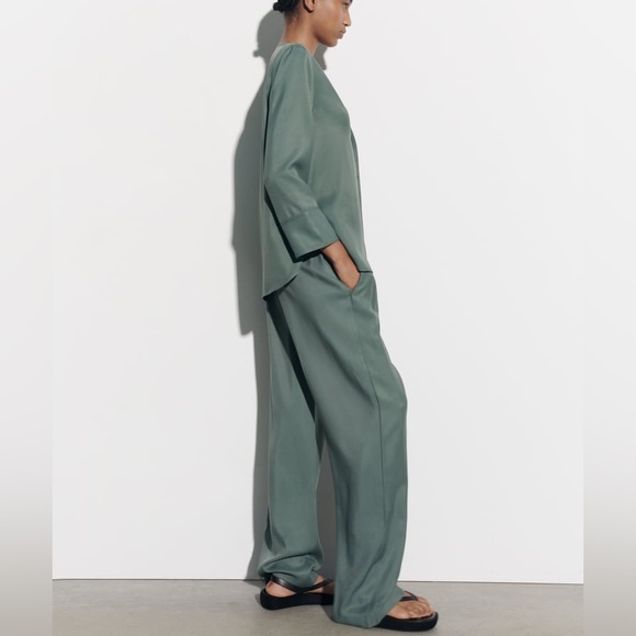 NWT ZARA GREEN FLOWY BUTTONED BLOUSE & FLUID PAJAMA PANTS COORD MATCHING SET XS - Picture 6 of 10